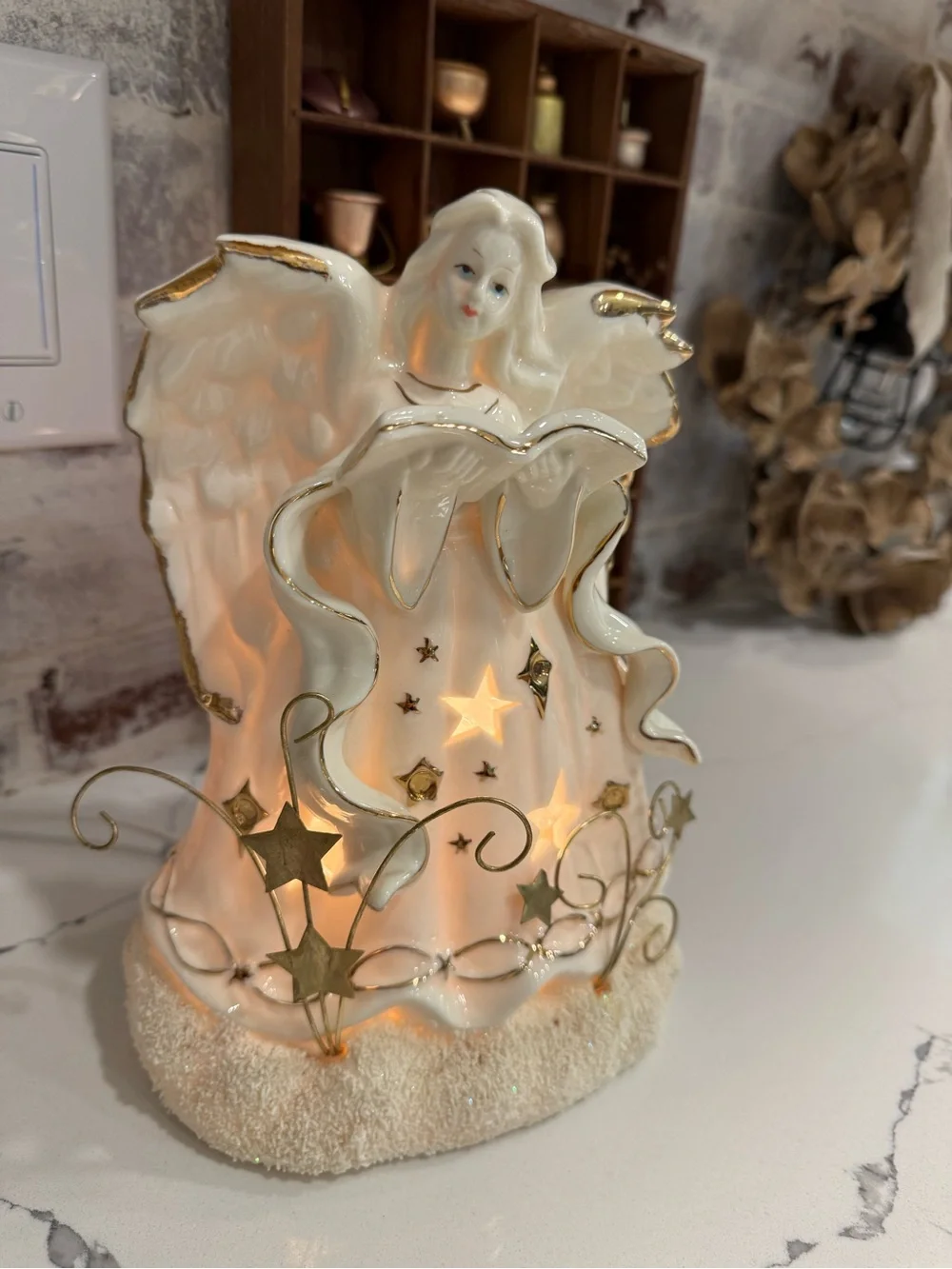 Vintage Porcelain Angel with Gold Star Accents - White and Gold